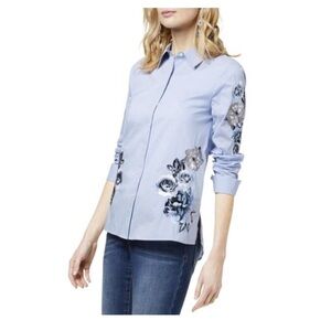 INC | Stripe Button Front Floral Embroidered Shirt